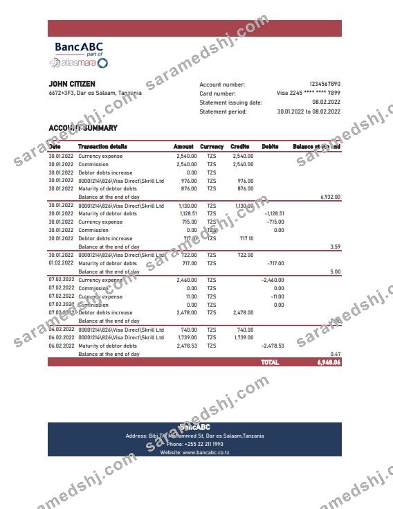 Tanzania BancABC bank statement, Excel and PDF template